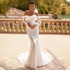 Sparkly Mermaid Wedding Dresses Off Shoulder Long Sleeves Appliques Bridal Gowns
