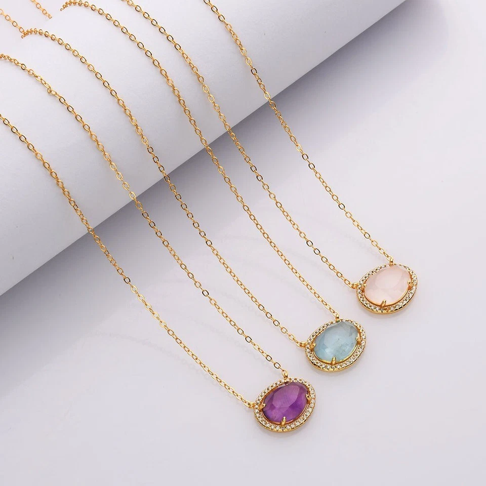 Elegante colar oval de pingente de quartzo rosa em prata esterlina 925, pingente de halo - Imagem 3 de 4