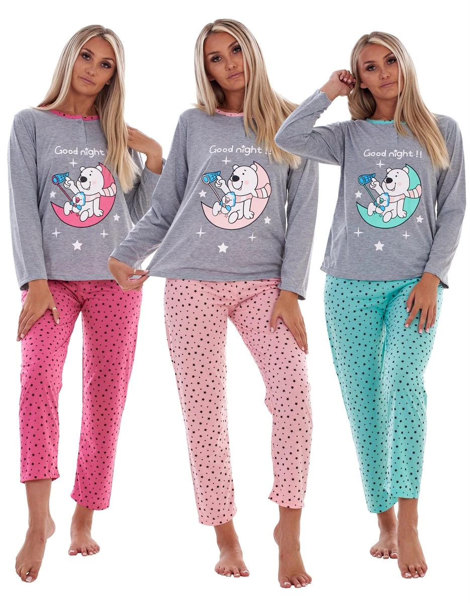 Ladies Pyjama Set Long Sleeve Soft Motif Petite Good Night PJs