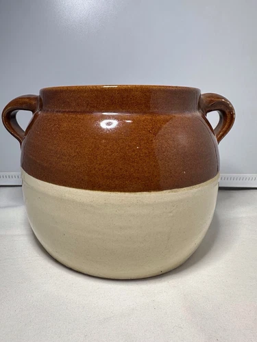 Vintage Bean Pot/Crock, Brown & Tan Pottery Stoneware 2 Handles No markings