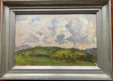 Oil painting hilly mountain landscape with green meadows and dark clouds