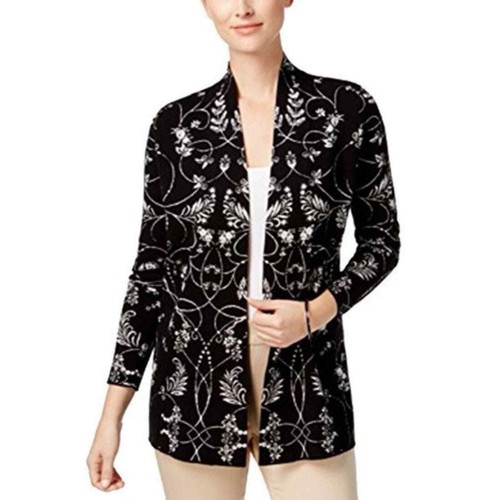 Charter Club fitted womens black & white jacquard floral open-front cardigan L