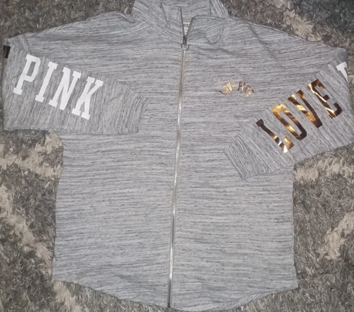 Vs pink varsity full zip X small heathered grey w/ shine logo