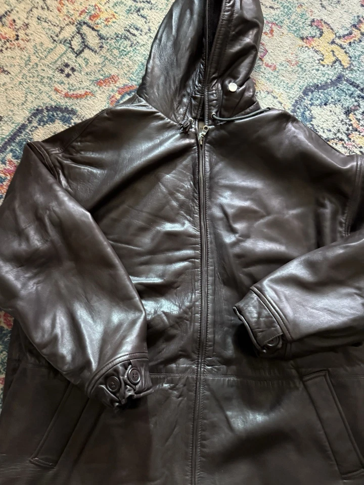 Men’s Neiman Marcus Super Soft Leather Parka- Coat- Size L- Brown- Lined- Hood - Image 2 of 4