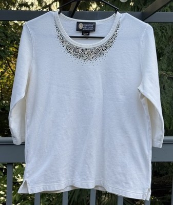 Christine Alexander Cotton Spandex Swarvoski 3/4 Sleeve Shirt Women's White Sz M