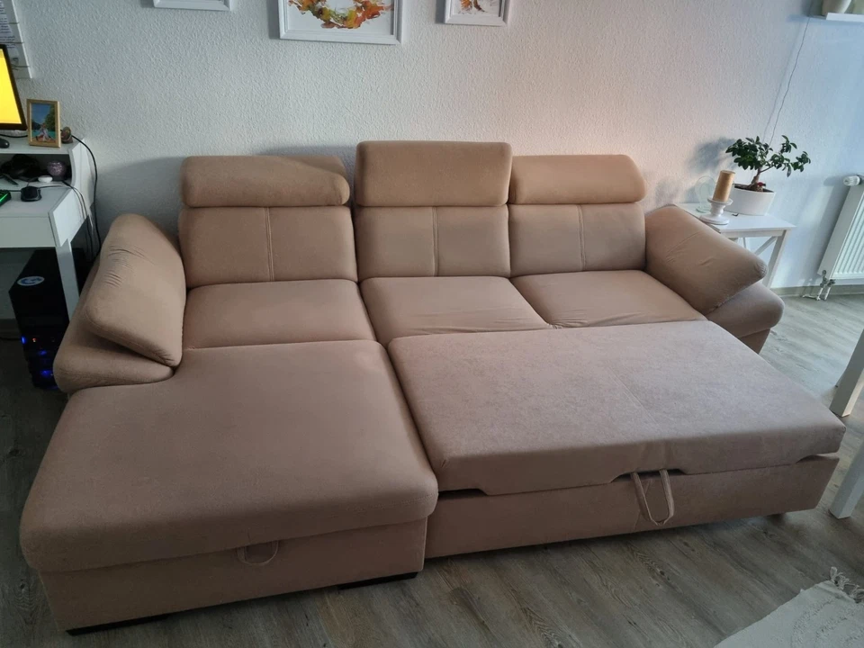 Ecksofa L-Form Sofa mit Schlaffunktion – Polsterecke Mikrofaser hellbeige - Bild 2 von 4