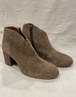 FRYE Suede Leather Short Ankle Boots Nora Olive Green Studded Side Zip Size 8