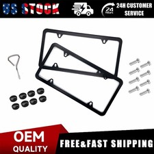 Black 2pcs Stainless Steel Metal License Plate Frame Tag Cover With Screw Caps