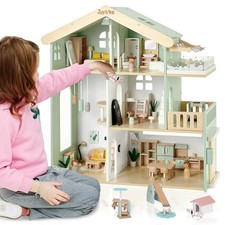 Wooden Dollhouse for Kids, Family Dollhouse with 53PCS Including Toy Figures,...