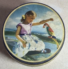 Vintage Lithograph Tin of Girl and Parrot Made in England-Edward Sharp & Sons