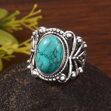 925 Sterling Silver Natural Blue Turquoise Gemstone Jewelry Ring All size US 