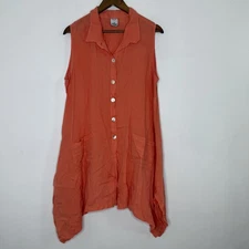 Match Point Linen Shirt Dress Womens XL Coral Sleeveless Button Front Made USA