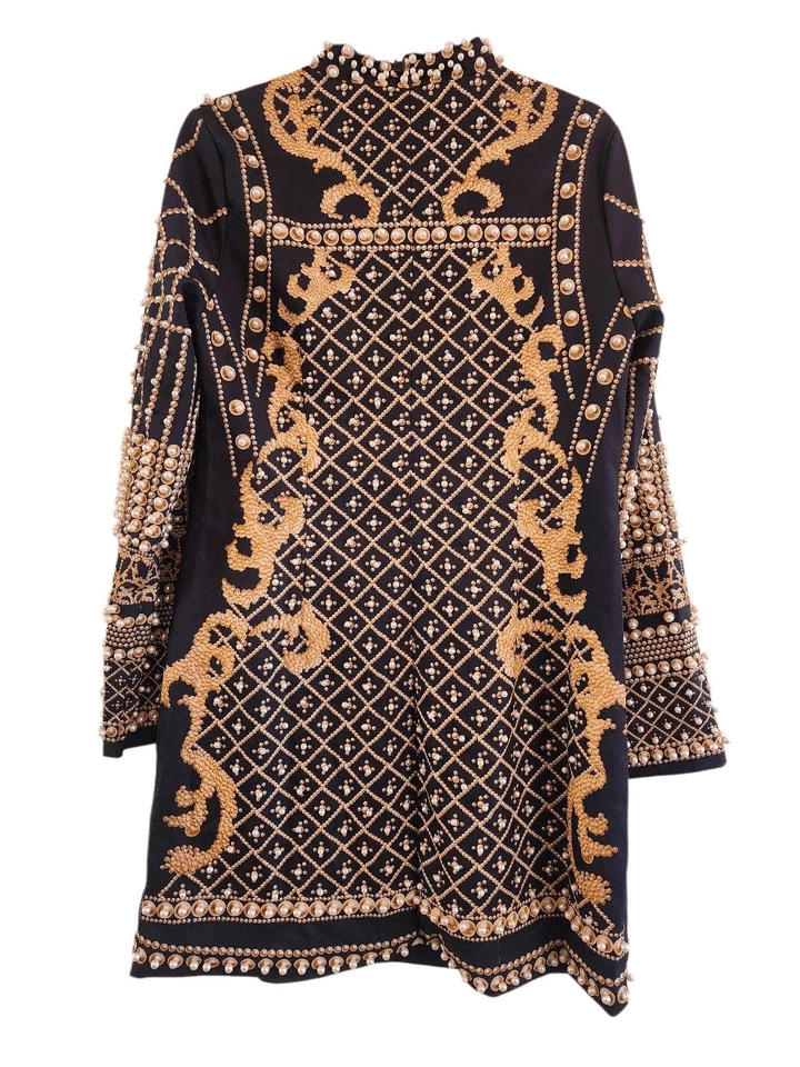 Women's fashion mock neck printed faux pearl beaded long sleeve size Large black - Image 4 of 4