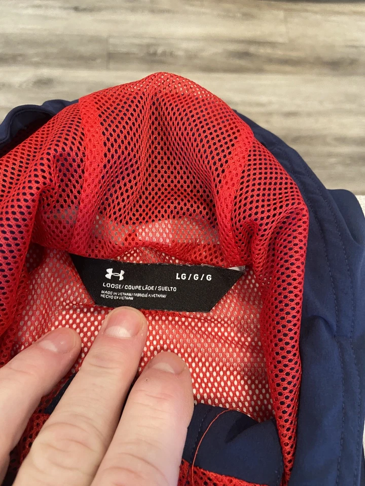UNDER ARMOUR Mens Red White Blue Hooded Sportstyle Fish Tail Rain Jacket Large - Image 4 of 4