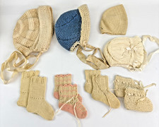 VTG Antique Crochet Hand-Knitted Baby Bonnet Hat w/Satin Ties, Booties Lot 12 pc