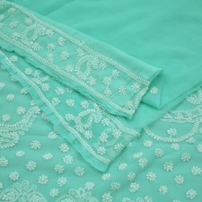 Vintage Sari Green Georgette Handmade Chikankari Sarees Craft Fabric 5Yd Ethnic