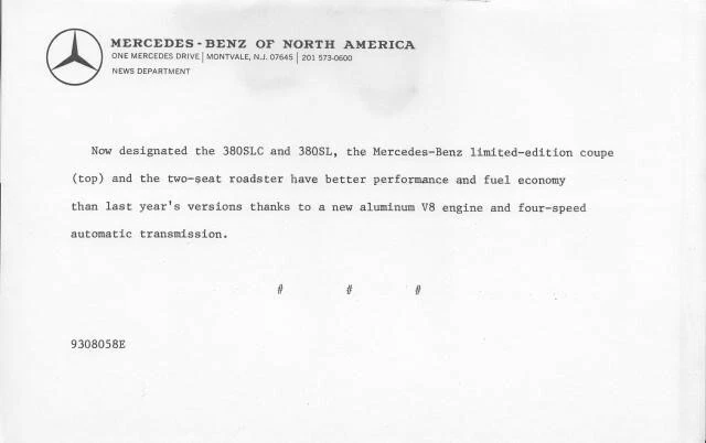1981 Mercedes-Benz 380SLC and 380SL Press Photo and Release 0028 - Image 2 of 2