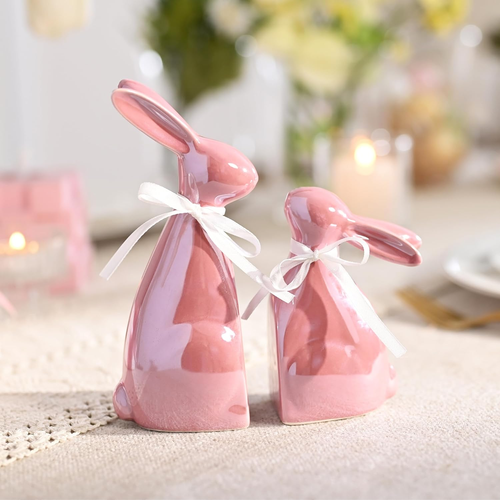 Easter Decorations, 2Pcs Bunny Decor, Pearl Pink Ceramic Rabbit Statue Figurine
