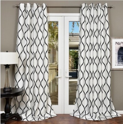 Lambrequin Casa Flocked Faux Silk White Black Flocked Window Panel 54 x ...
