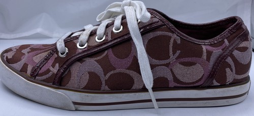 Coach Women 7.5B Signature C Burgundy Wine Monogram Canvas Sneakers Lace Up Shoe - Picture 5 of 12