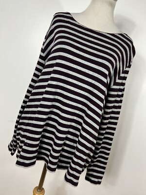 CJ Banks 1X Shirt Top Purple Gray Stripe Cotton Boat Neck Long Sleeve Woman L1