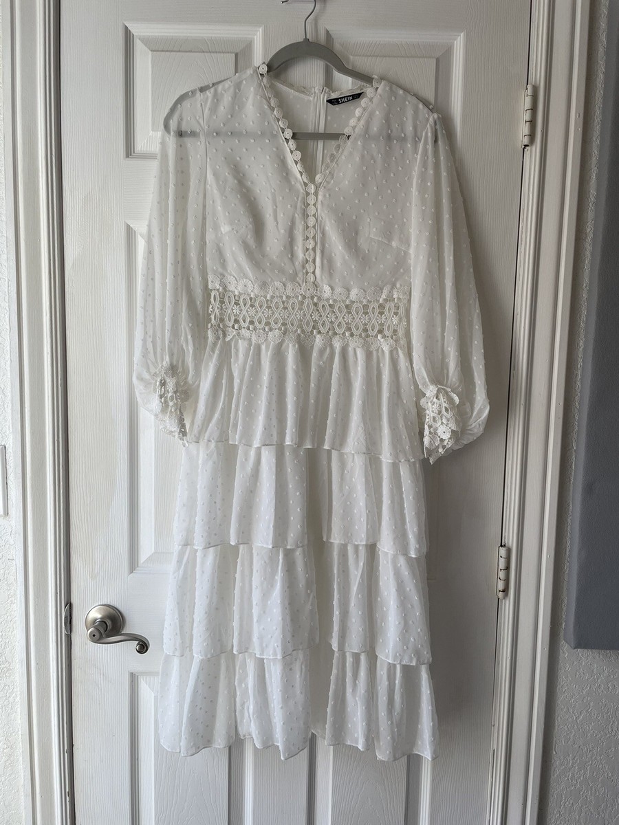 white lace dress shein SHEIN White Sheer Midi Tiered Ruffle Dress Wedding Size Small Crochet  Victorian