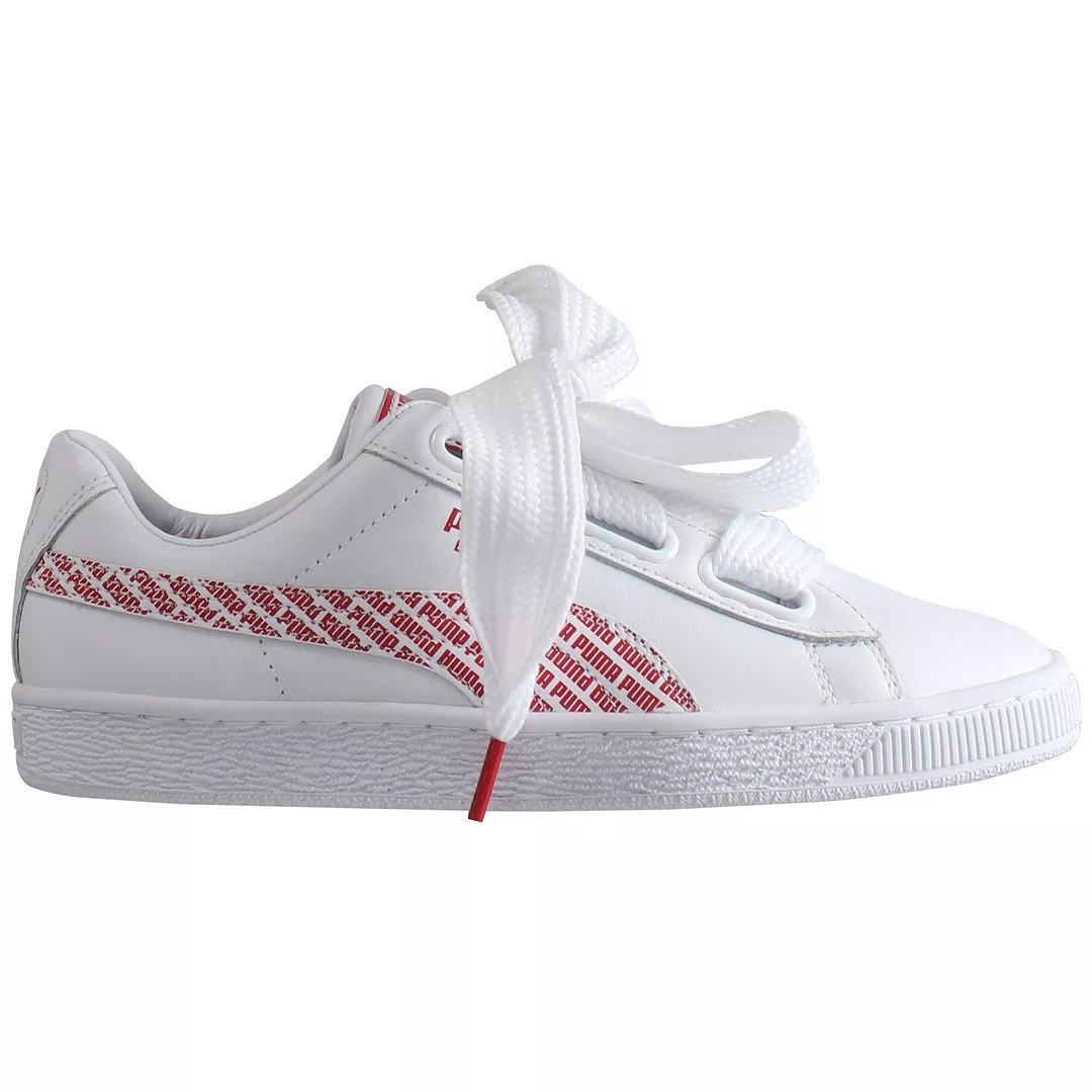 Puma Basket Heart AOP White Leather Lace Up Womens Trainers 368191