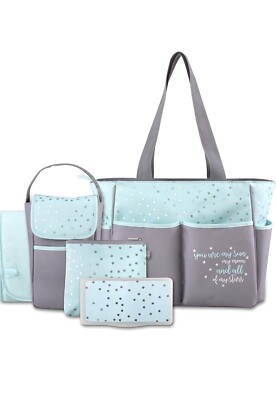 NWT 5 pc Baby Essentials Design Aqua Blue Grey Diaper Bag.You Are My Sun My Moon