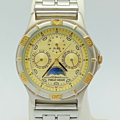 SEIKO ALBA FIELD GEAR V33F-6A80 MOON PHASE QUARTZ VINTAGE