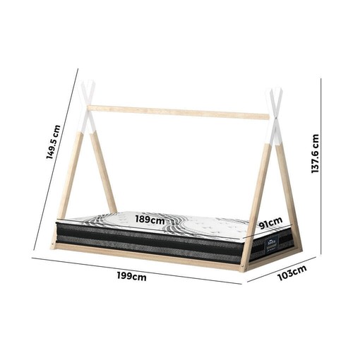 Oikiture Kids Bed Frame With Single Mattress Set Teepee House Style - Picture 6 of 7