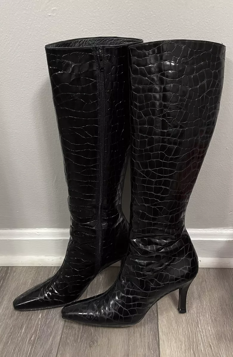 EUC STUART WEITZMAN Black Croc Embossed Leather Knee High Boots