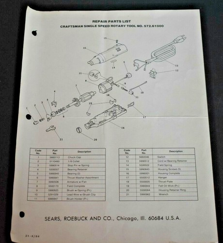 De colección 1984 Sears Craftsman Herramientas Eléctricas Rotativas Modelo 572 61000/2 Manual del Propietario - Imagen 5 de 6