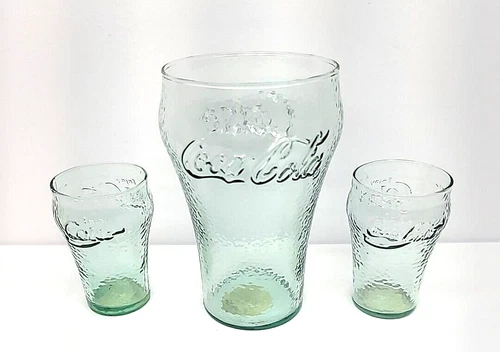 Set Of 3 Vintage Green Tint Pebbled Glass Coca-Cola  Drinking Glasses