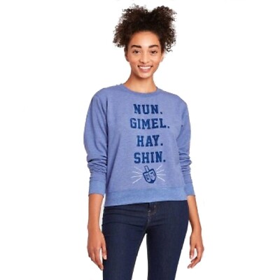 Doe's Women s Nun Gimel Hay Shin Dreidel Blue Holiday Sweatshirt NWT