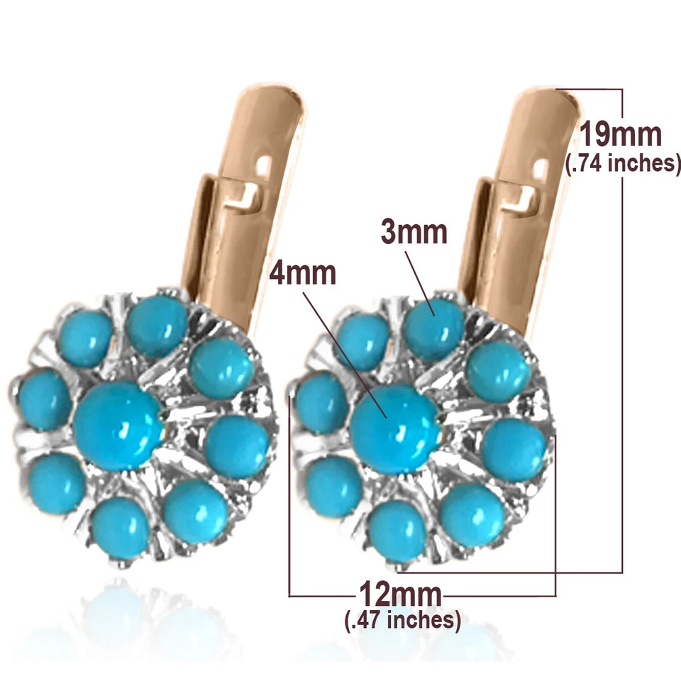 Pendientes Malinka Turquesa Genuina Oro Rosa y Blanco 14k #E1481 Foto 3 de 4