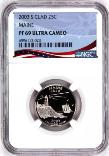 2003-S Proof State Quarter, Maine,  PF69 Ultra Cameo NGC, Patriotic Label