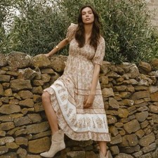 Spell & The Gypsy Juniper Shirred Midi Dress Cream Floral Size S BNWT RRP $289