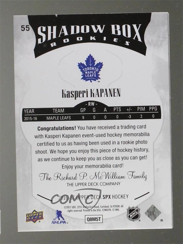 2016-17 SPx Shadow Box Rookies Red Material /149 Kasperi Kapanen #55 Rookie RC - Image 2 of 2