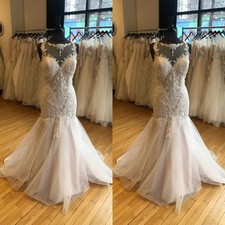 Blush Pink Mermaid Wedding Dress Scoop Neck Lace Sweep Train Tulle Bridal Gowns