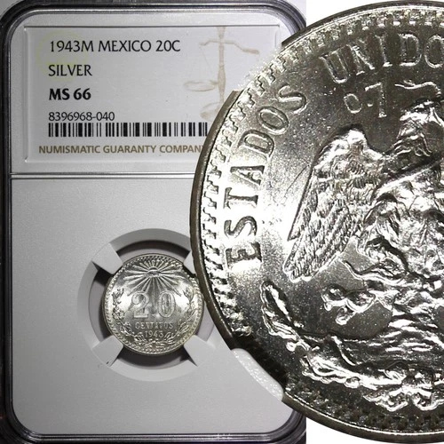 MEXICO Silver 1943 M 20 Centavos Last Year Type NGC MS66 GEM BU KM# 438 (40)