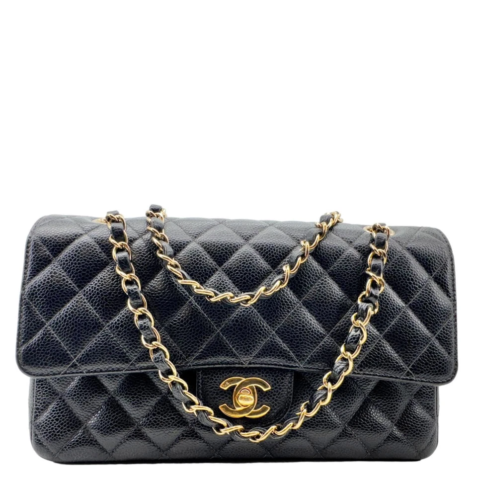CHANEL Classic Double Flap Quilted Caviar Leather Shoulder Bag Black