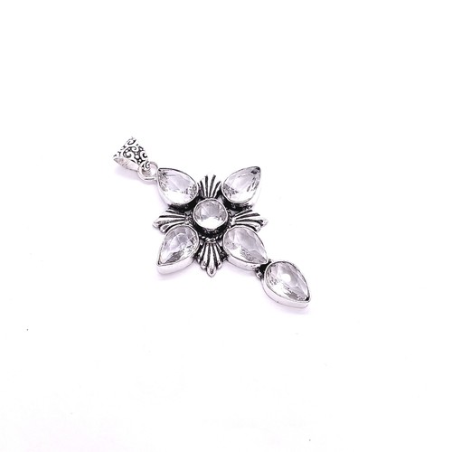 925 Sterling Silver Rose Cut White Topaz Gemstone Jewelry Handmade Cross Pendant - Picture 2 of 3