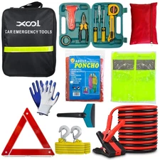XOOL Car Emergency Kit with Jumper Cables, First Aid Kit, Tow Strap & Tool Se...