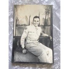 Vintage WWII US Army Soldier Portrait Photo Tropical Backdrop 1940s B W 3.5x2.5