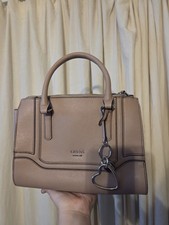GUESS Beige Satchel Top Handle Bag, Zip Closure, Silver Hardware, Charm