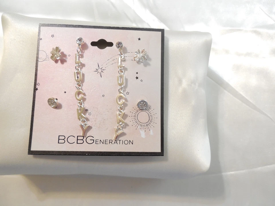 BCBGeneration Silver Tone 3 peças Conjunto Sim. Brincos Diamond Lucky WW192 - Imagem 2 de 4