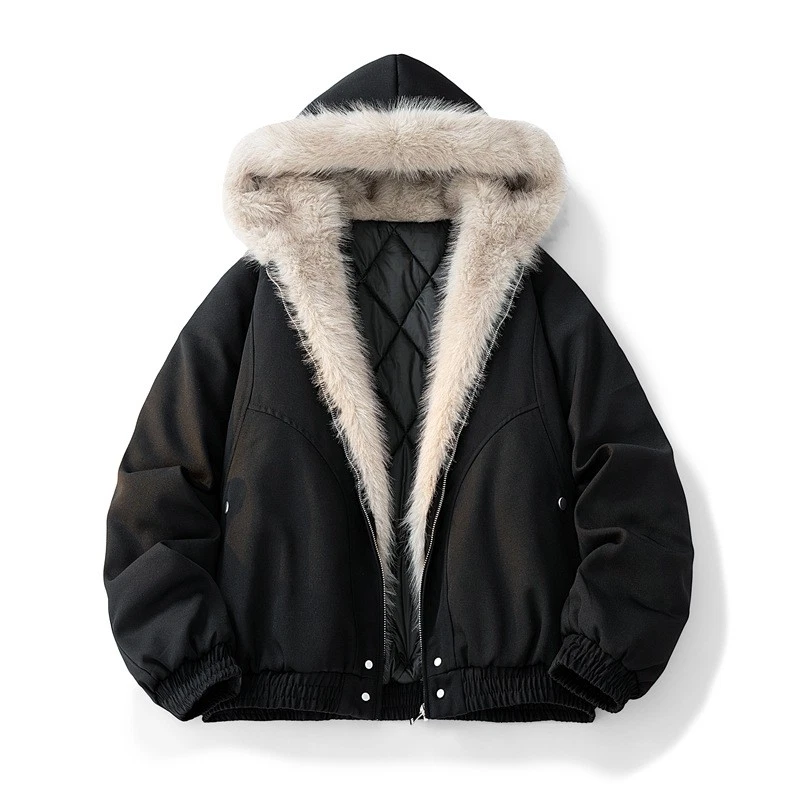 Men's Winter New Fleece-Lined Fur Collar Cotton Jacket Loose Hooded Parka Coat - Image 3 of 4