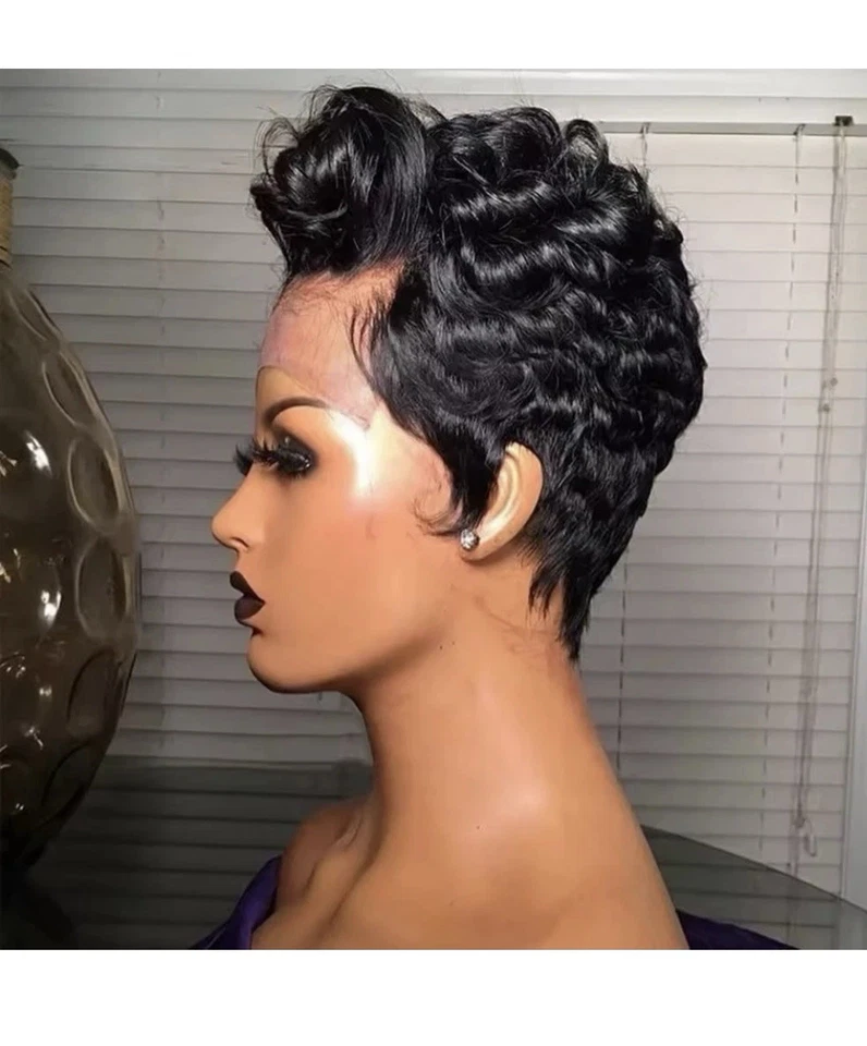 Peluca frontal de encaje corto para mujeres negras cabello humano peluca rizada corte pixie pre desplume... Foto 3 de 4