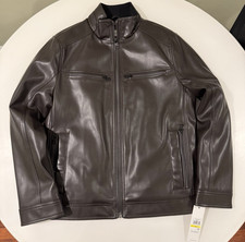 225 Calvin Klein Men's Faux Leather Moto Jacket Brown Size Medium NEW CM091207