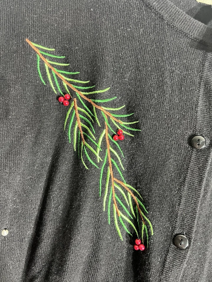 Suéter preto vintage clássico elementos enfeitado Natal cardinal tamanho G - Imagem 4 de 4